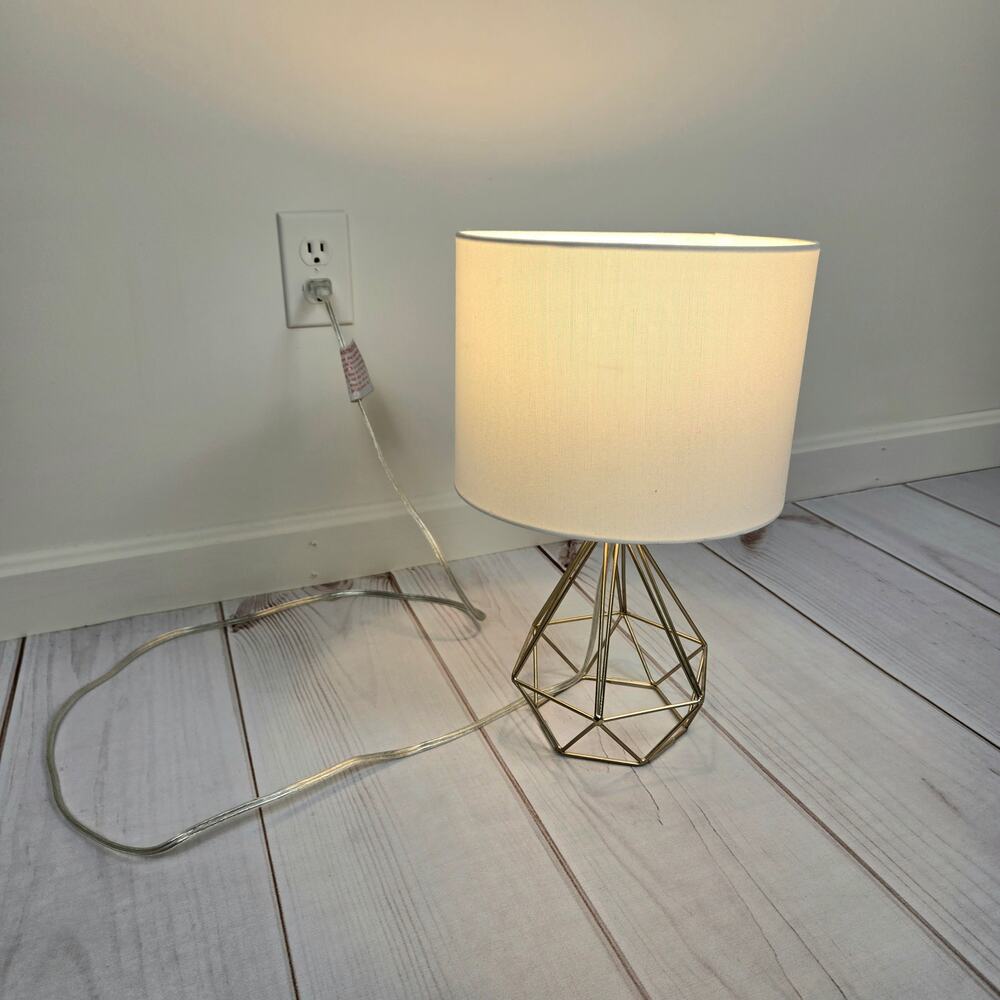 H-Welldone Gold Geometric Triangle Hexagon Caged Table Lamp White Canvas Shade